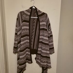 Aztec Geometric Knit Open Cardigan Sweater Brown Beige One Size Women